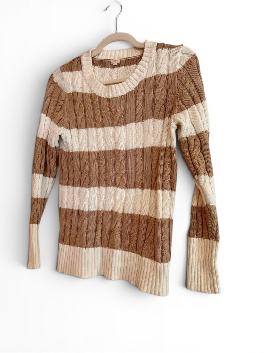 J. Crew Striped Cable-Knit Crewneck Sweater in Cream and Tan